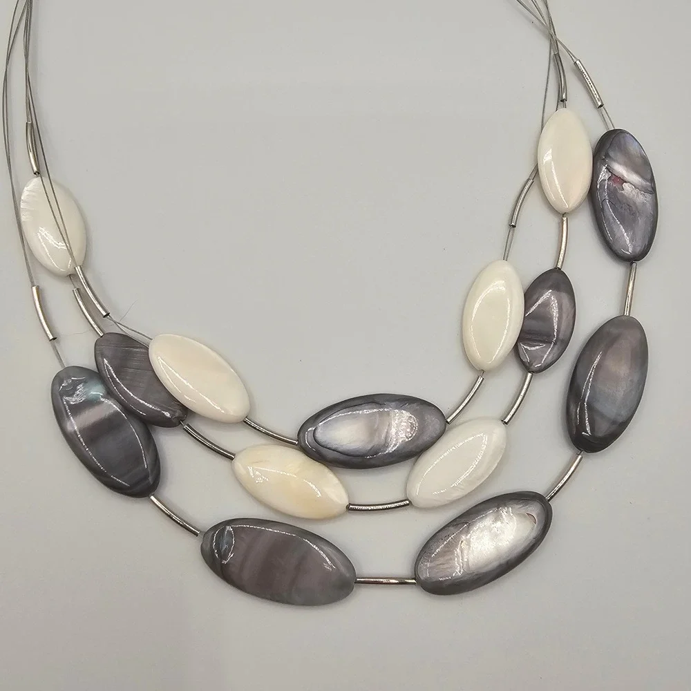 Ali-Khan NY Necklace Multi Strand Grey White MOP Shell Beads Layered 16-19